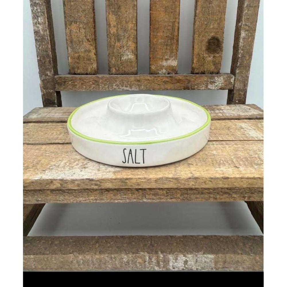 Rae Dunn Salt Cellar Rimmer White Ceramic Lime Green Trim Farmhouse Kitchen